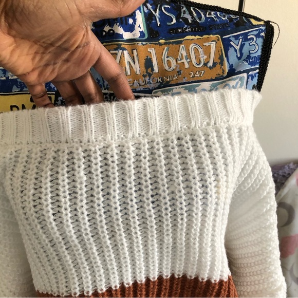 Sexy white, brown, and grey off-shoulder color block sweater - Picture 5 of 10
